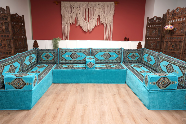 U Shaped Turquoise Arabic Floor Sofa Set, Floor Cushions, Balcony Patio Sofas, Pallet Sofa, Ethnic Sofa, Moroccan Sofas