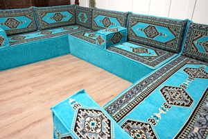 U Shaped Turquoise Arabic Floor Sofa Set, Floor Cushions, Balcony Patio Sofas, Pallet Sofa, Ethnic Sofa, Moroccan Sofas