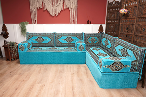 Turquoise L Shaped Sectional Sofas, Floor Cushions, Arabic Sofa Set, Pallet Sofa, Arabic Majlis, Pouffs