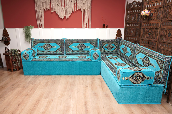 Turquoise L Shaped Sectional Sofas, Floor Cushions, Arabic Sofa Set, Pallet Sofa, Arabic Majlis, Pouffs