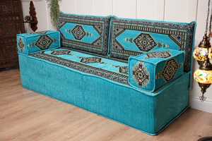 Turquoise Loveseat Arabic Sofa, Arabic Majlis, Moroccan Sofa with Ottoman Couch and Rug, Living Room Sofa, Arabic Jalsa Set, Floor Sofa Seating
