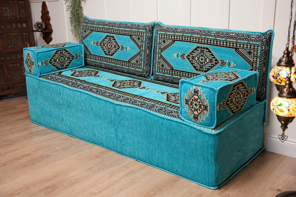 Turquoise Loveseat Arabic Sofa, Arabic Majlis, Moroccan Sofa with Ottoman Couch and Rug, Living Room Sofa, Arabic Jalsa Set, Floor Sofa Seating