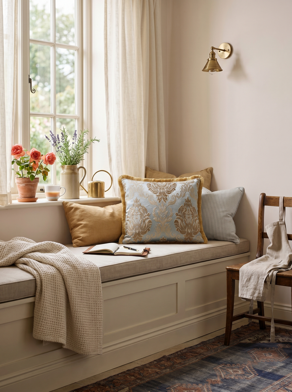 Pearl Chant: English Manor Damask Cushion – Lumbar – Jacquard – Cord Piping
