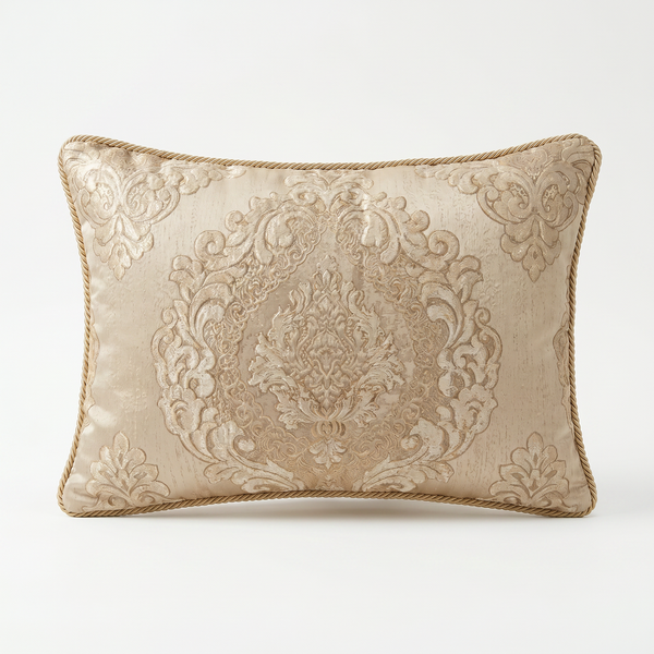 Cream Pearl Manor: French Country Damask Lumbar Pillow – Embroidered – Cord Trim