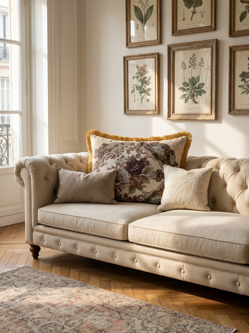 Cream Pearl Pendant: Château Damask Lumbar Cushion – Embroidered – Rope Trim