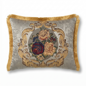 Cream Porcelain Garden: Luxury Damask Lumbar Pillow Cover – Embroidered – Cord Trim