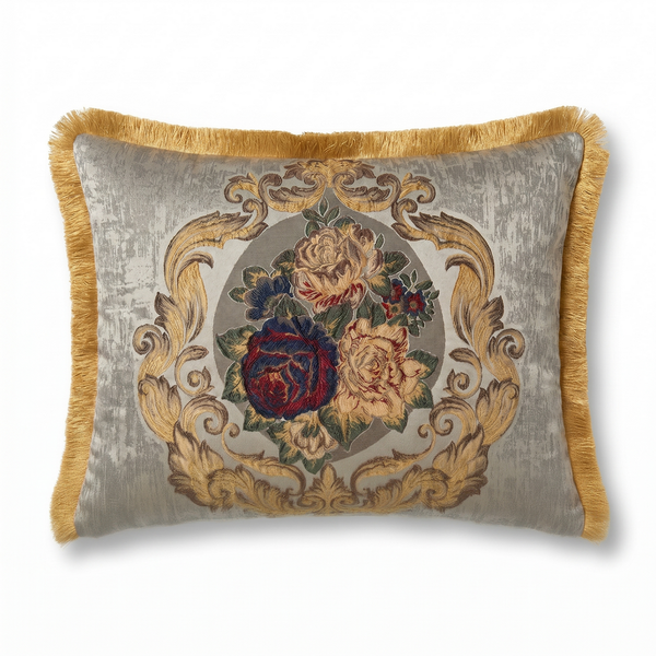 Cream Porcelain Garden: Luxury Damask Lumbar Pillow Cover – Embroidered – Cord Trim