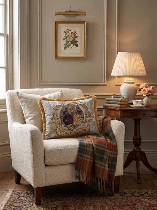 Cream Porcelain Garden: Luxury Damask Lumbar Pillow Cover – Embroidered – Cord Trim