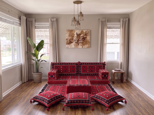 Marineblaues arabisches Sofa mit Ottomane und Teppich, Bodensitzkissen, Arabisches Jalsa-Set, Ecksofa, Arabische Sofagarnitur, Marokkanisches Sofa