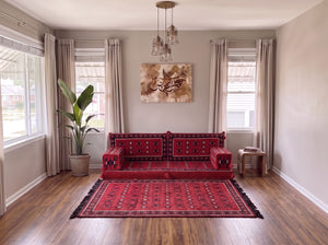 Marineblaues arabisches Sofa mit Ottomane und Teppich, Bodensitzkissen, Arabisches Jalsa-Set, Ecksofa, Arabische Sofagarnitur, Marokkanisches Sofa