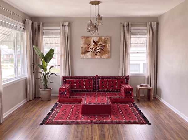Marineblaues arabisches Sofa mit Ottomane und Teppich, Bodensitzkissen, Arabisches Jalsa-Set, Ecksofa, Arabische Sofagarnitur, Marokkanisches Sofa