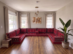 Braunes Bodensofa-Sitzset, Eckbodenkissen, U-förmiges arabisches Sofa-Set, Palettensofas, Ecksofas