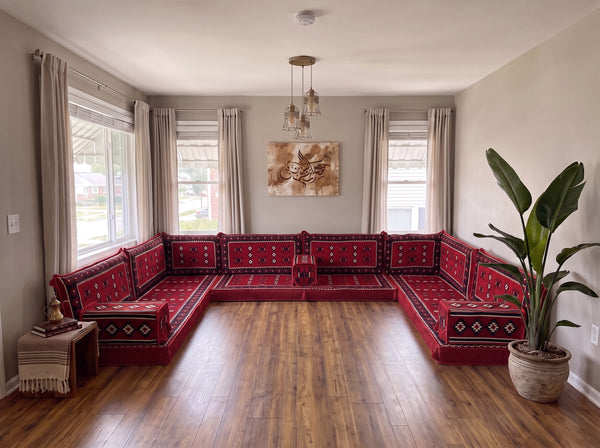 Braunes Bodensofa-Sitzset, Eckbodenkissen, U-förmiges arabisches Sofa-Set, Palettensofas, Ecksofas