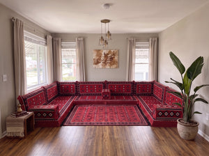 Braunes Bodensofa-Sitzset, Eckbodenkissen, U-förmiges arabisches Sofa-Set, Palettensofas, Ecksofas