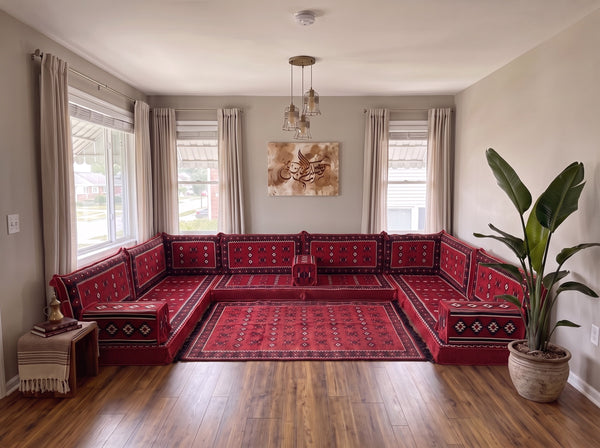 Braunes Bodensofa-Sitzset, Eckbodenkissen, U-förmiges arabisches Sofa-Set, Palettensofas, Ecksofas