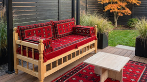 Red Cross-Stitch: Wooden Bench Set – 4 Inch Thick Arabic Floor Couch – Modular Floor Seating – Handmade Majlis Cushions
