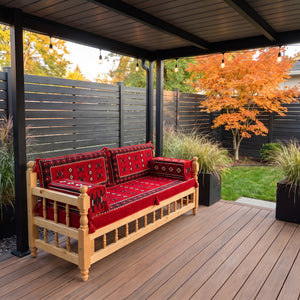 Red Cross-Stitch: Wooden Bench Set – 4 Inch Thick Arabic Floor Couch – Modular Floor Seating – Handmade Majlis Cushions
