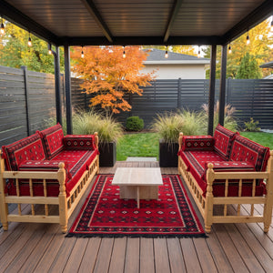 Red Cross-Stitch: Wooden Bench Set – 4 Inch Thick Arabic Floor Couch – Modular Floor Seating – Handmade Majlis Cushions