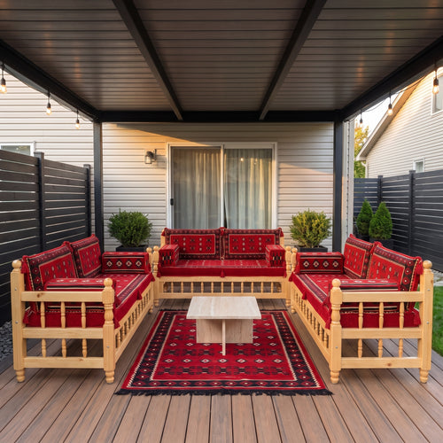 Red Cross-Stitch: Wooden Bench Set – 4 Inch Thick Arabic Floor Couch – Modular Floor Seating – Handmade Majlis Cushions