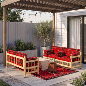 Red Cross-Stitch: Wooden Bench Set – 4 Inch Thick Arabic Floor Couch – Modular Floor Seating – Handmade Majlis Cushions