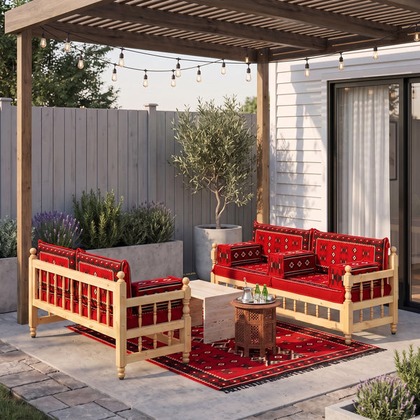 Red Cross-Stitch: Wooden Bench Set – 4 Inch Thick Arabic Floor Couch – Modular Floor Seating – Handmade Majlis Cushions