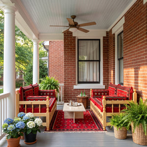 Red Cross-Stitch: Wooden Bench Set – 4 Inch Thick Arabic Floor Couch – Modular Floor Seating – Handmade Majlis Cushions
