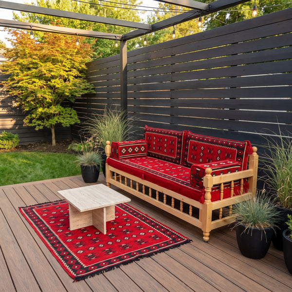 Red Cross-Stitch: Wooden Bench Set – 4 Inch Thick Arabic Floor Couch – Modular Floor Seating – Handmade Majlis Cushions