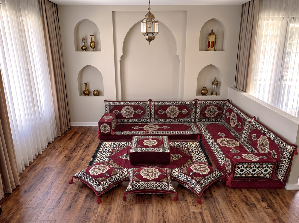 4 Zoll dickes L-Sofa-Set, arabisches Ecksofa, L-förmiges marineblaues türkisches Sofa, orientalische Bodenkissen, arabischer Majlis, traditionelles Wohnzimmersofa, arabisches Jalsa-Set