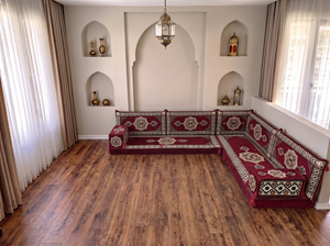 4 Zoll dickes L-Sofa-Set, arabisches Ecksofa, L-förmiges marineblaues türkisches Sofa, orientalische Bodenkissen, arabischer Majlis, traditionelles Wohnzimmersofa, arabisches Jalsa-Set
