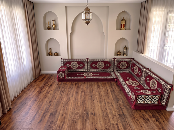4 Zoll dickes L-Sofa-Set, arabisches Ecksofa, L-förmiges marineblaues türkisches Sofa, orientalische Bodenkissen, arabischer Majlis, traditionelles Wohnzimmersofa, arabisches Jalsa-Set