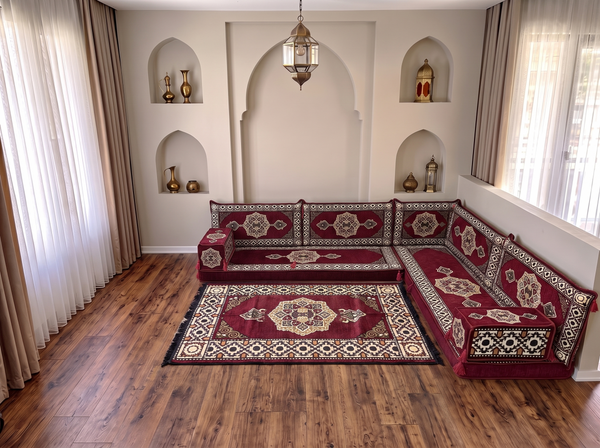 4 Zoll dickes L-Sofa-Set, arabisches Ecksofa, L-förmiges marineblaues türkisches Sofa, orientalische Bodenkissen, arabischer Majlis, traditionelles Wohnzimmersofa, arabisches Jalsa-Set