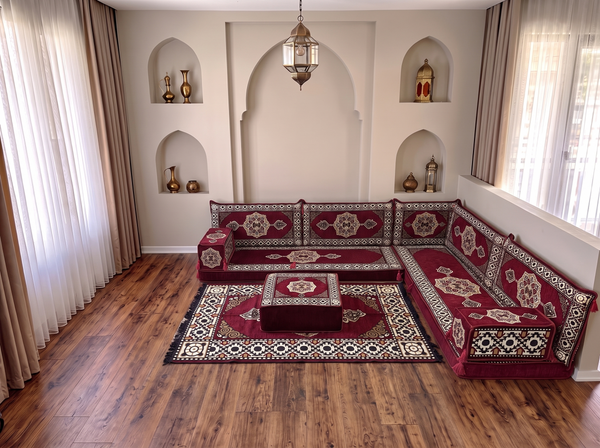 4 Zoll dickes L-Sofa-Set, arabisches Ecksofa, L-förmiges marineblaues türkisches Sofa, orientalische Bodenkissen, arabischer Majlis, traditionelles Wohnzimmersofa, arabisches Jalsa-Set