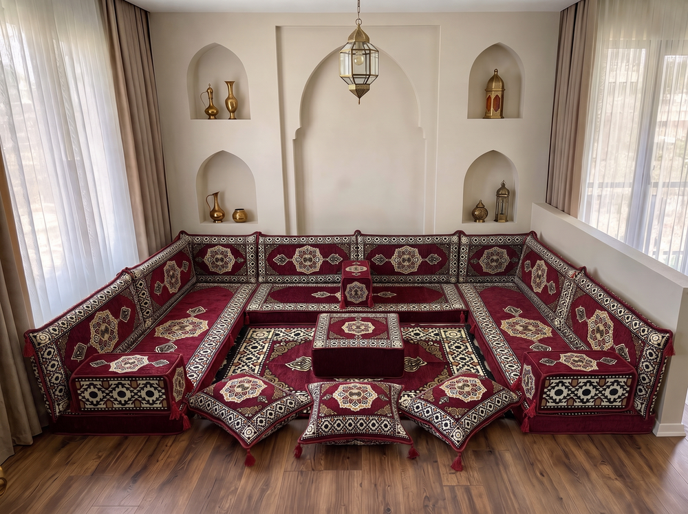 U-förmige bordeauxrote Bodenkissen, modernes arabisches Majlis-Set, Bodensofa-Set, ethnisches Sofa, arabische Jalsa, marokkanisches Sofa