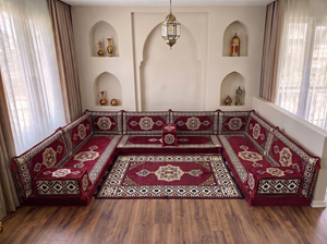 Coussins de sol bordeaux en forme de U, ensemble de Majlis arabes modernes, ensemble de canapés de sol, canapé ethnique, Jalsa arabe, canapé marocain