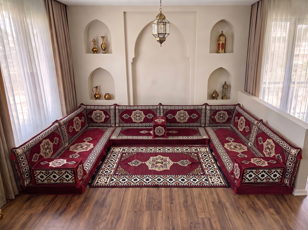 Coussins de sol bordeaux en forme de U, ensemble de Majlis arabes modernes, ensemble de canapés de sol, canapé ethnique, Jalsa arabe, canapé marocain