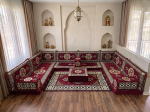Coussins de sol bordeaux en forme de U, ensemble de Majlis arabes modernes, ensemble de canapés de sol, canapé ethnique, Jalsa arabe, canapé marocain