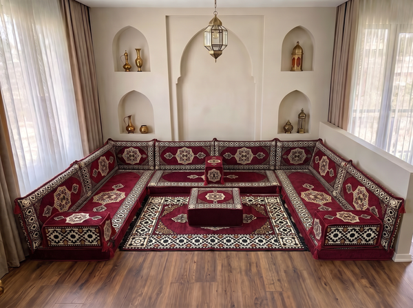 Coussins de sol bordeaux en forme de U, ensemble de Majlis arabes modernes, ensemble de canapés de sol, canapé ethnique, Jalsa arabe, canapé marocain