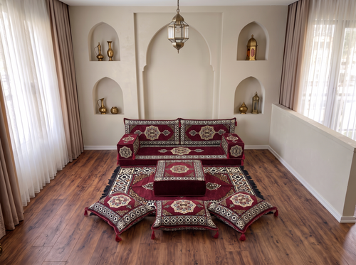 Marineblaues arabisches Sofa mit Ottomane und Teppich, Bodensitzkissen, Arabisches Jalsa-Set, Ecksofa, Arabische Sofagarnitur, Marokkanisches Sofa