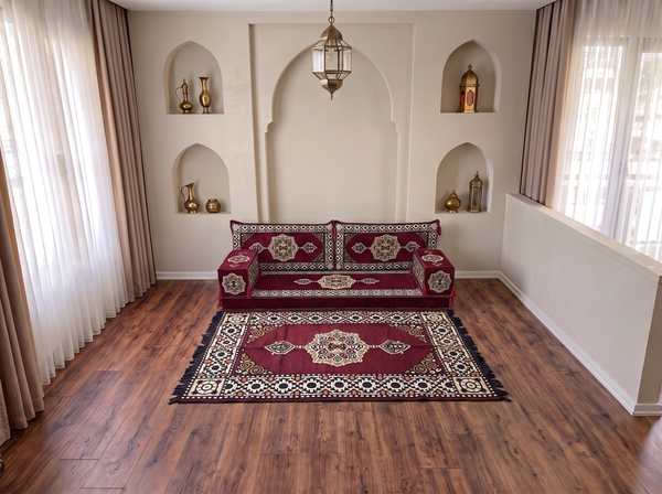Marineblaues arabisches Sofa mit Ottomane und Teppich, Bodensitzkissen, Arabisches Jalsa-Set, Ecksofa, Arabische Sofagarnitur, Marokkanisches Sofa
