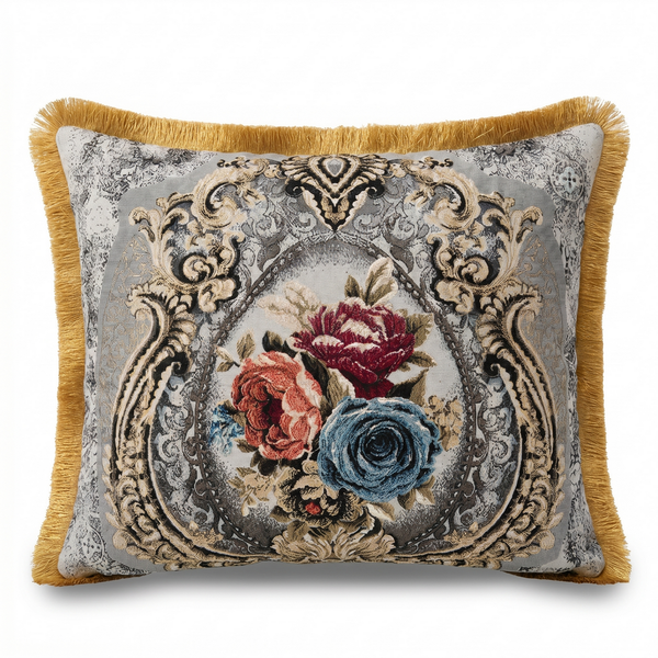 Grey Rococo Mist: Heritage Baroque Cushion Cover – Damask Lumbar – Jacquard