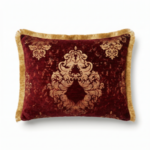 Burgundy Royal Cipher: Heirloom Damask Lumbar Pillow – Embroidered – Rope Piping