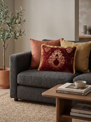 Burgundy Royal Cipher: Heirloom Damask Lumbar Pillow – Embroidered – Rope Piping