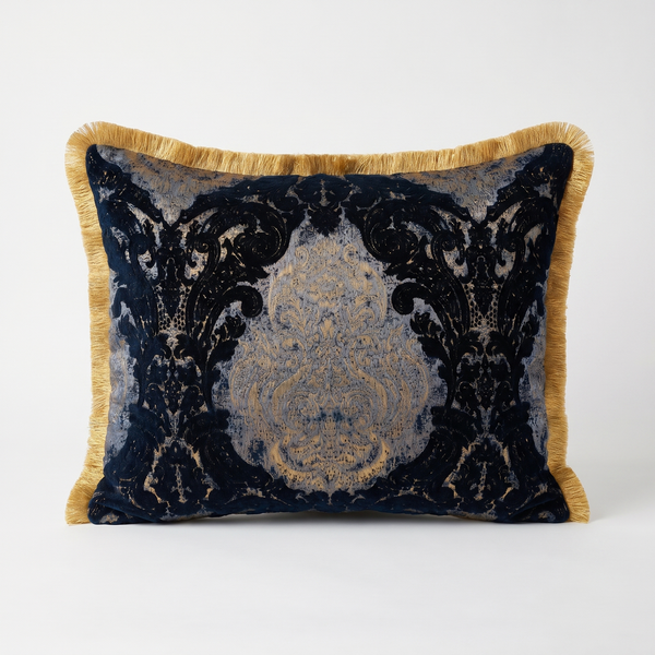 Royal Sapphire: Opulent Baroque Cushion Cover – Damask Lumbar – Cord Trim