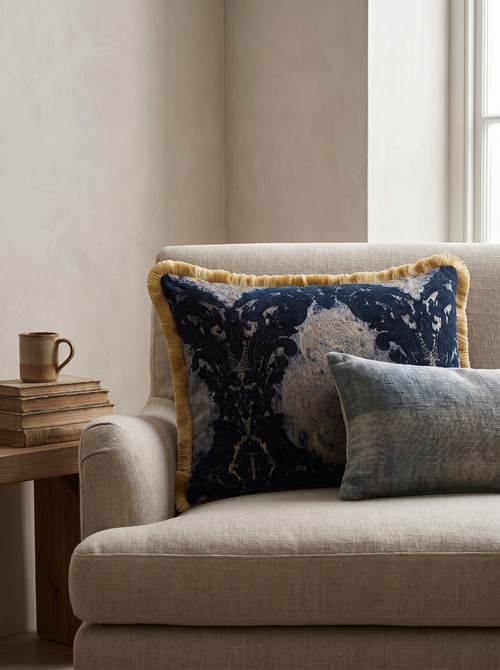 Royal Sapphire: Opulent Baroque Cushion Cover – Damask Lumbar – Cord Trim