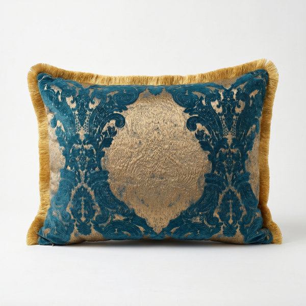 Royal Sapphire: Opulent Baroque Cushion Cover – Damask Lumbar – Cord Trim
