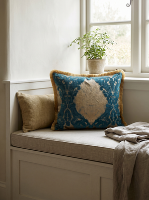 Royal Sapphire: Opulent Baroque Cushion Cover – Damask Lumbar – Cord Trim