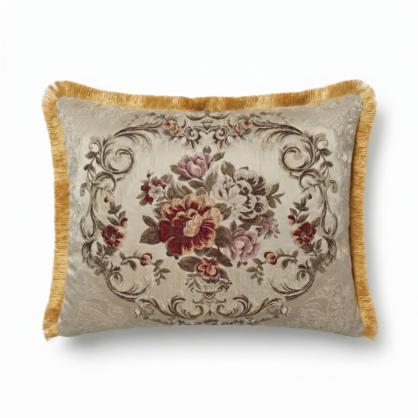 Russet Bloom: Sumptuous Damask Lumbar Pillow – Jacquard Embroidered