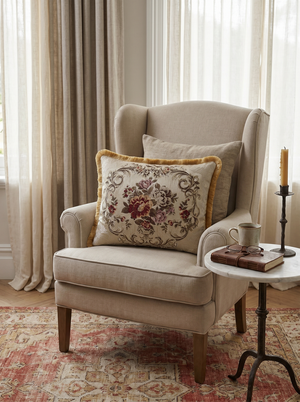 Russet Bloom: Sumptuous Damask Lumbar Pillow – Jacquard Embroidered