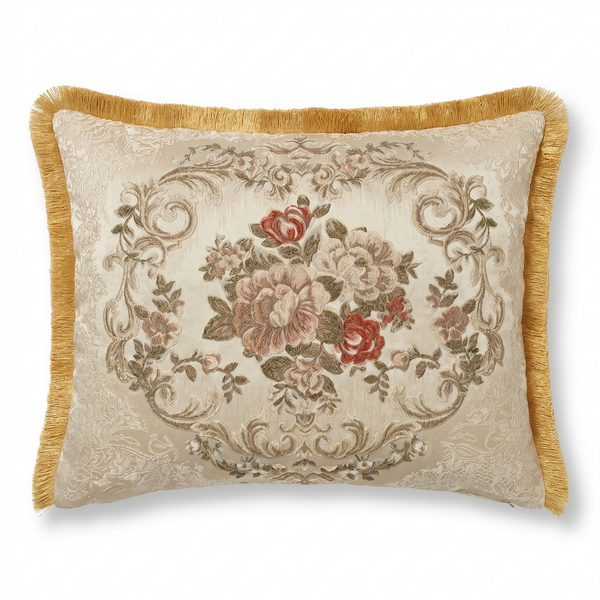 Russet Bloom: Sumptuous Damask Lumbar Pillow – Jacquard Embroidered