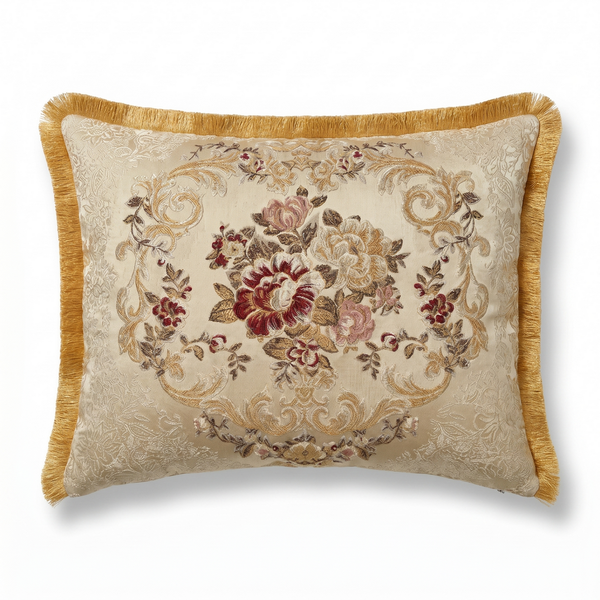 Russet Bloom: Sumptuous Damask Lumbar Pillow – Jacquard Embroidered